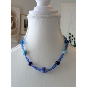 Romantic Seed Bead Collar Necklace With Glass Beggars Beads In Blues Coastal